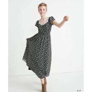 Madewell Print-Mix Milkmaid‎ Floral Midi Dress Black White Cottagecore Size 12